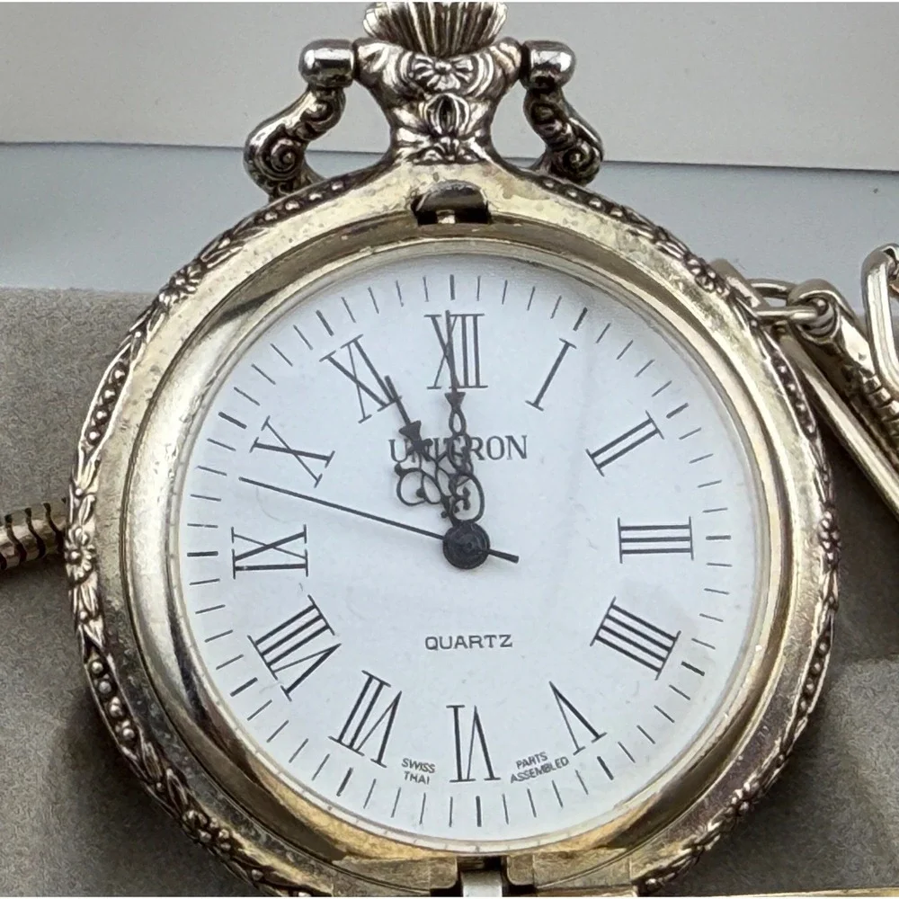 Unitron Quartz Pocket Watch: Silver Tone, Ornate Equestrian Hunter, for Repair